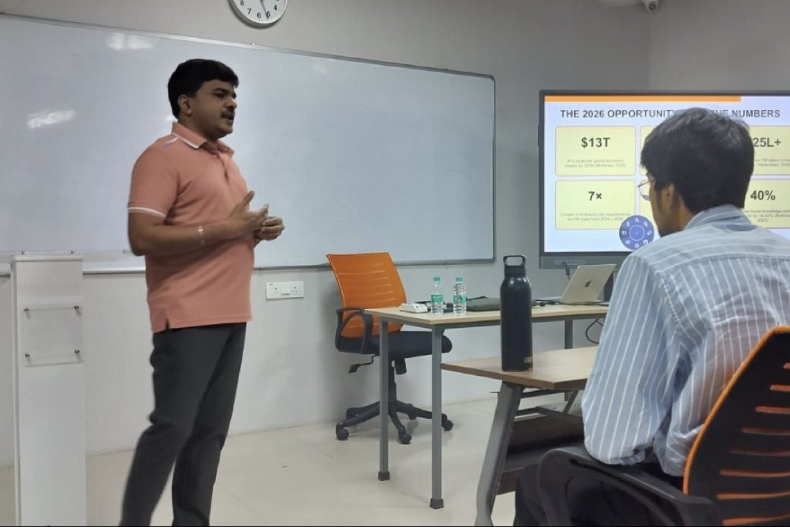 Sheshakanth Munagapati running an AI product workshop at Rockwell Business School, Hyderabad